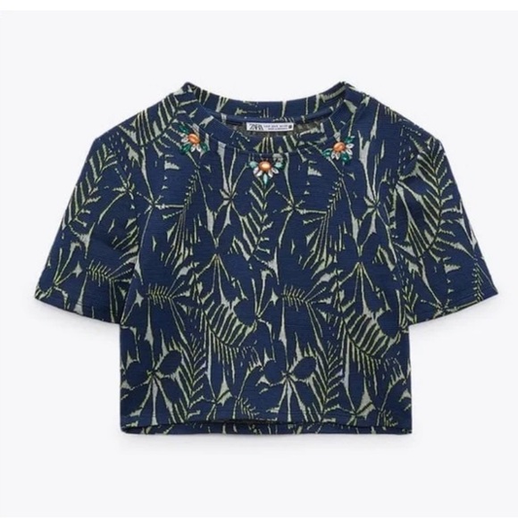 Zara Crop Top Embellished Stretch Navy Blue Size Small - Picture 2 of 12